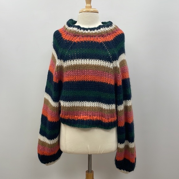 Zara Striped Slouchy Chunky Knit Balloon Sleeve Crop Sweater Retro Boho Small - Picture 3 of 12